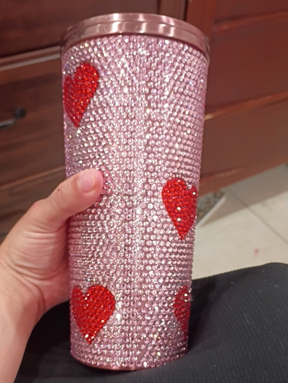 Sparkling Pink Rhinestone Travel Tumbler with Red Heart Accents